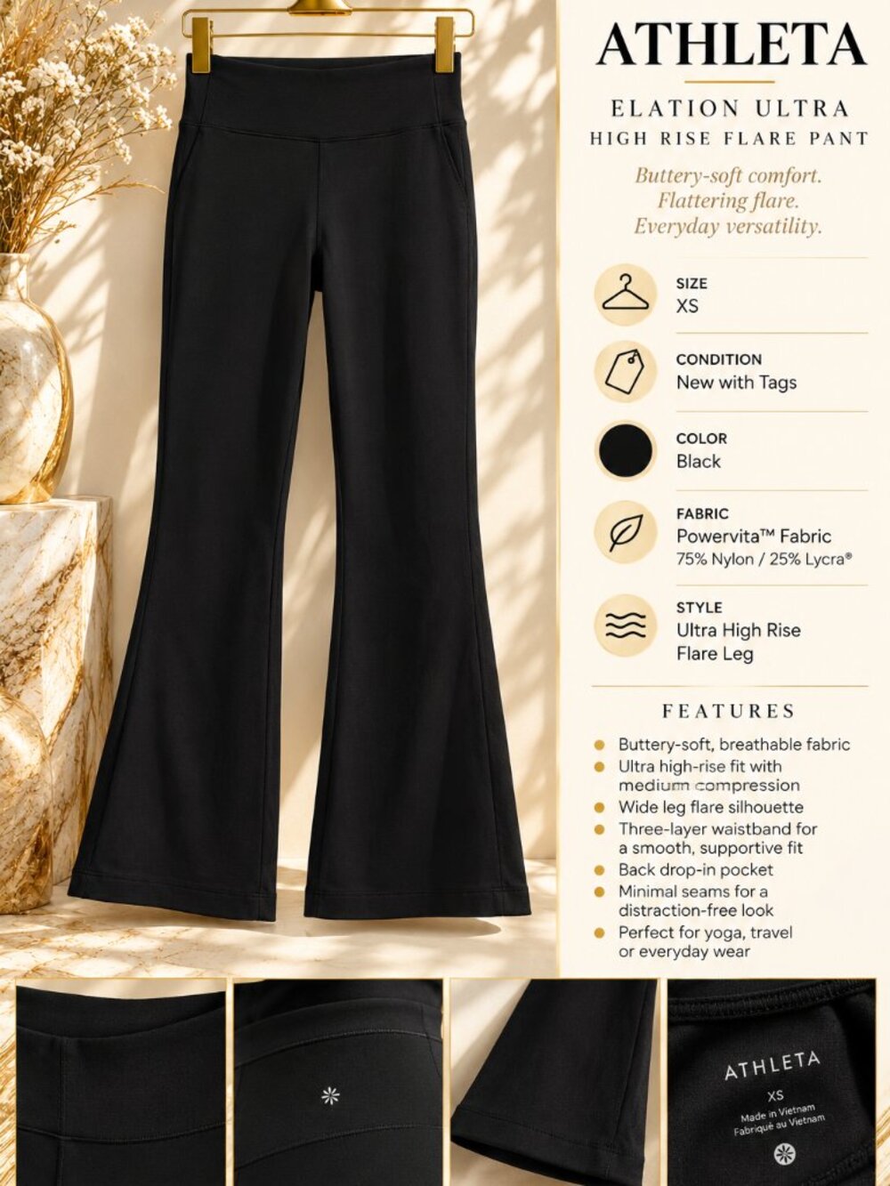 Athleta Flare Pants Elation Ultra High Rise Black XS NWT